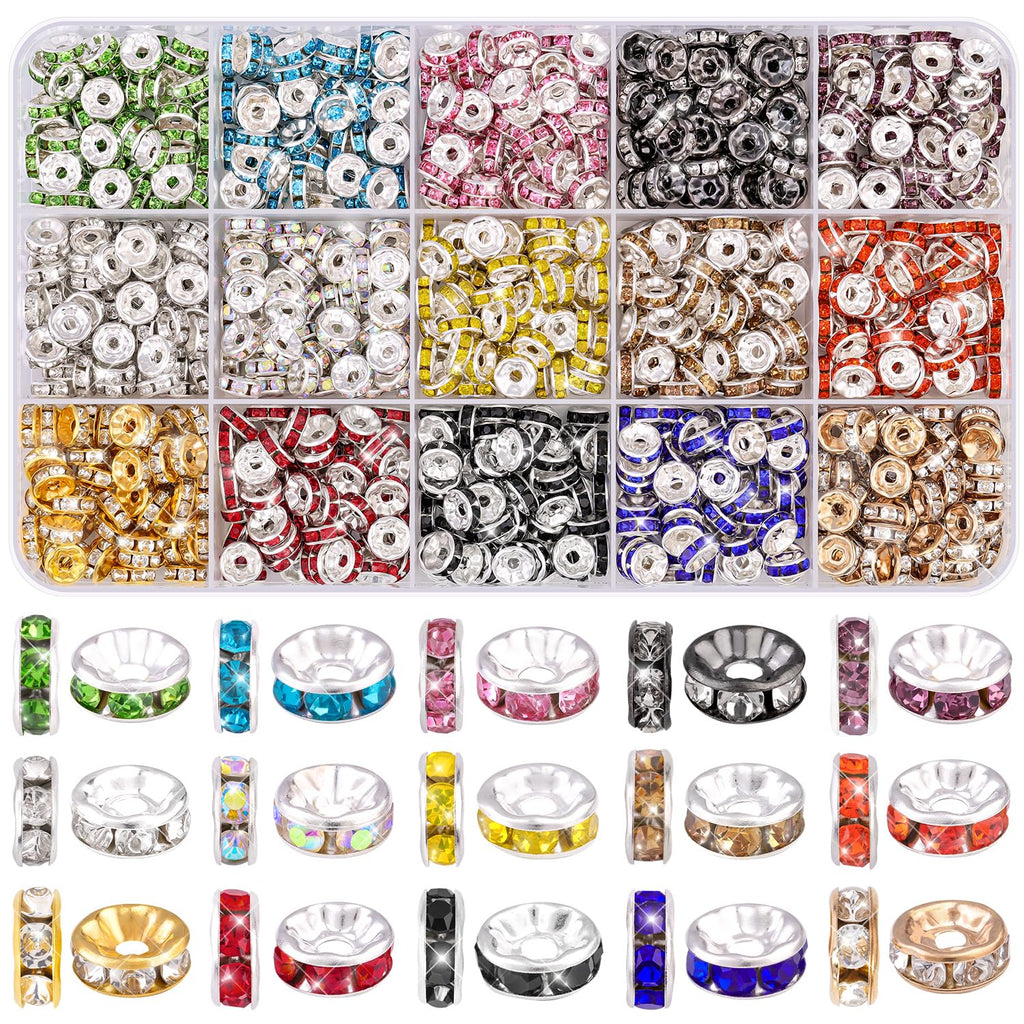 TINKRSTUFF 900 pcs 8mm Spacer Beads for Jewelry Making, 15 Colors Rondelle Bead Spacers Box, Fancy Sparkle Crystal Rhinestone Loose Beads for Bracelet Necklace Earring and Pens DIY Dec