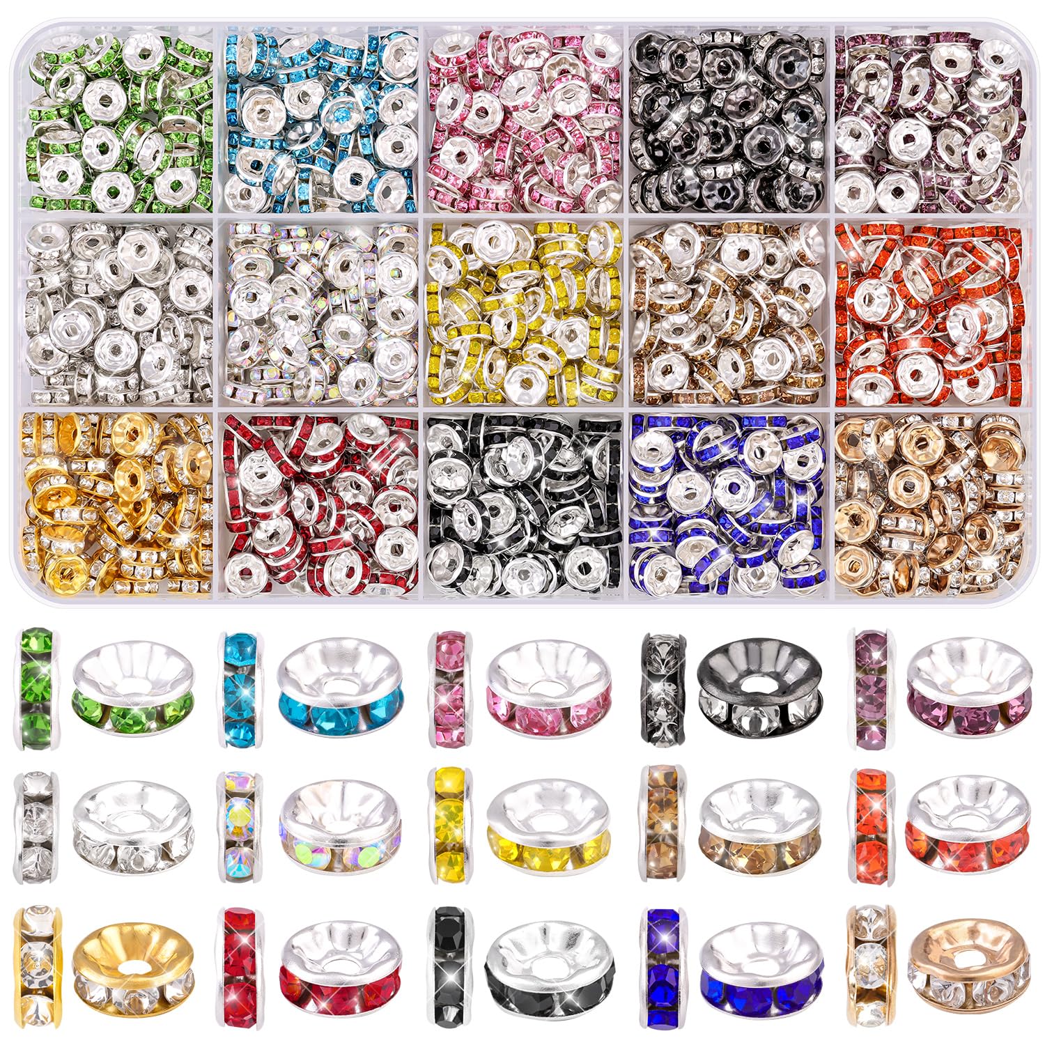 TINKRSTUFF 900 pcs 8mm Spacer Beads for Jewelry Making, 15 Colors Rondelle Bead Spacers Box, Fancy Sparkle Crystal Rhinestone Loose Beads for Bracelet Necklace Earring and Pens DIY Dec