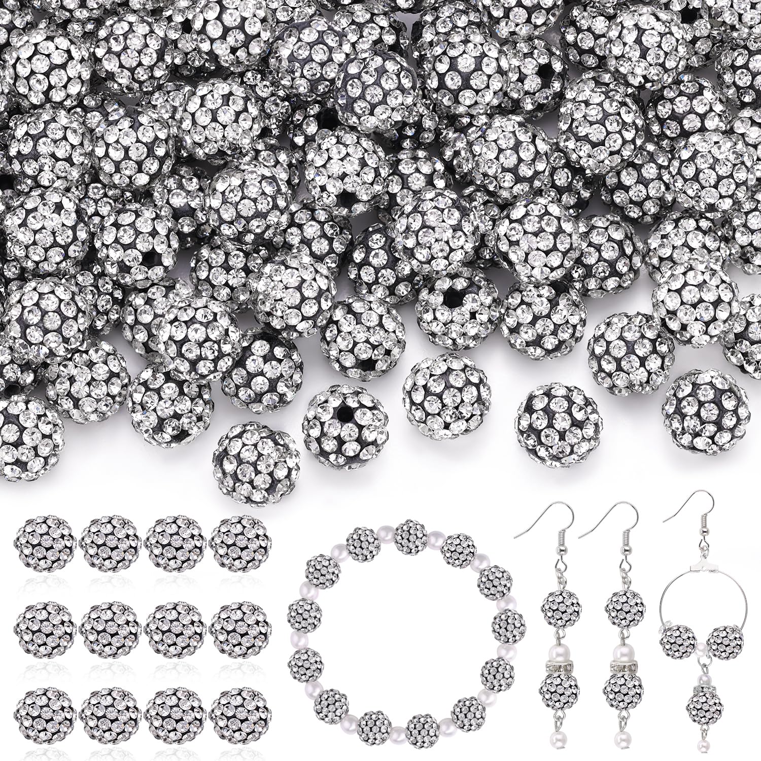 120 pcs 10mm Rhinestone Beads for Jewelry Making, 12 Mixed Colors Shiny Round Shamballa Disco Ball Beads, Sparkle Crystal Clay Christmas for Bracelet Baseball Necklace Earring and DIY