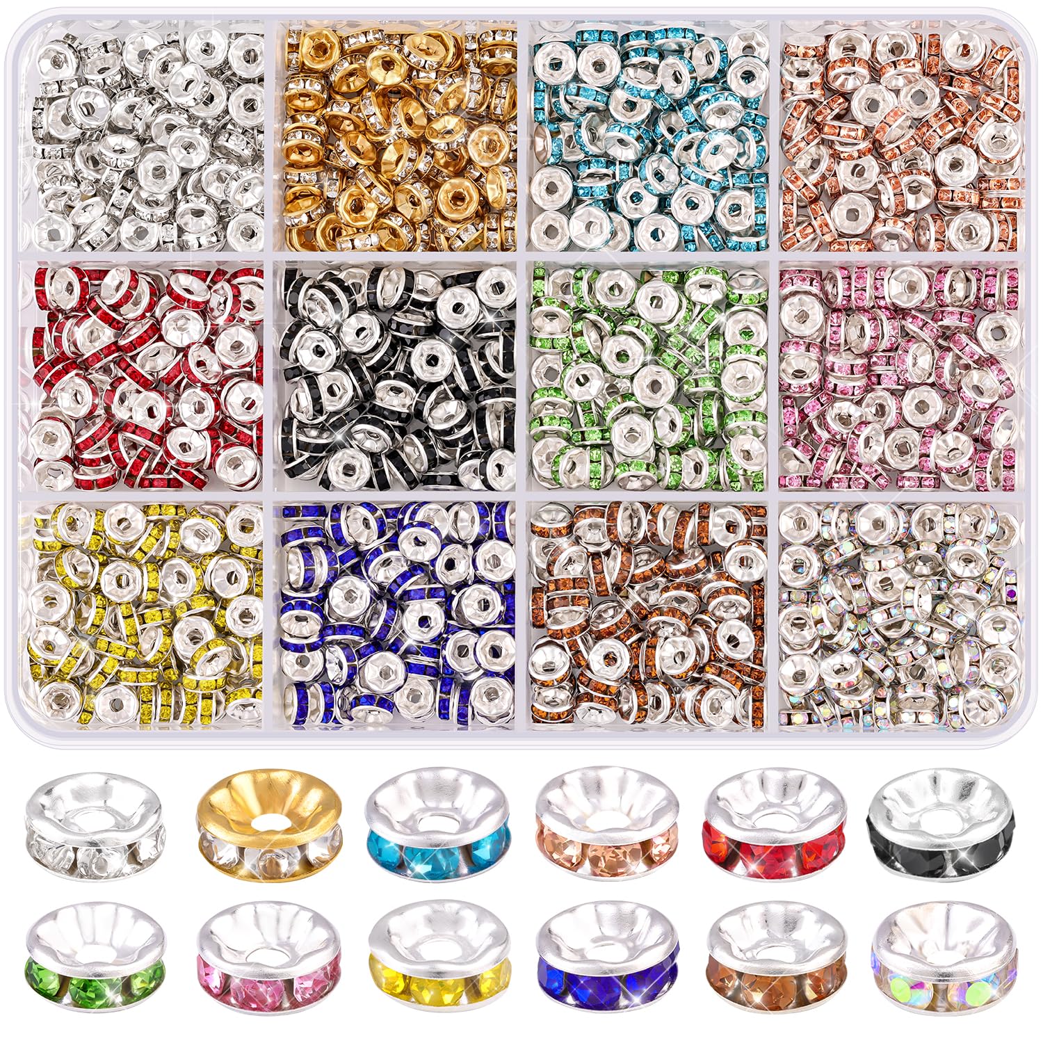 TINKRSTUFF 900 pcs 8mm Spacer Beads for Jewelry Making, 15 Colors Rondelle Bead Spacers Box, Fancy Sparkle Crystal Rhinestone Loose Beads for Bracelet Necklace Earring and Pens DIY Dec