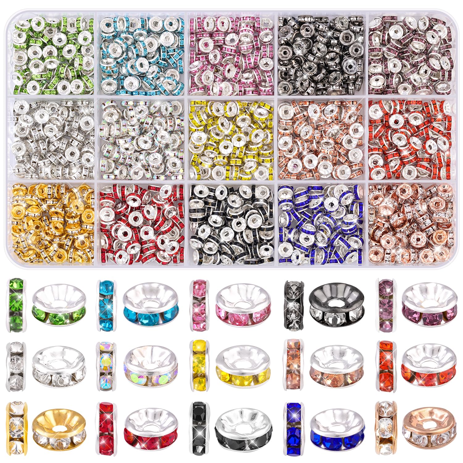 TINKRSTUFF 900 pcs 8mm Spacer Beads for Jewelry Making, 15 Colors Rondelle Bead Spacers Box, Fancy Sparkle Crystal Rhinestone Loose Beads for Bracelet Necklace Earring and Pens DIY Dec