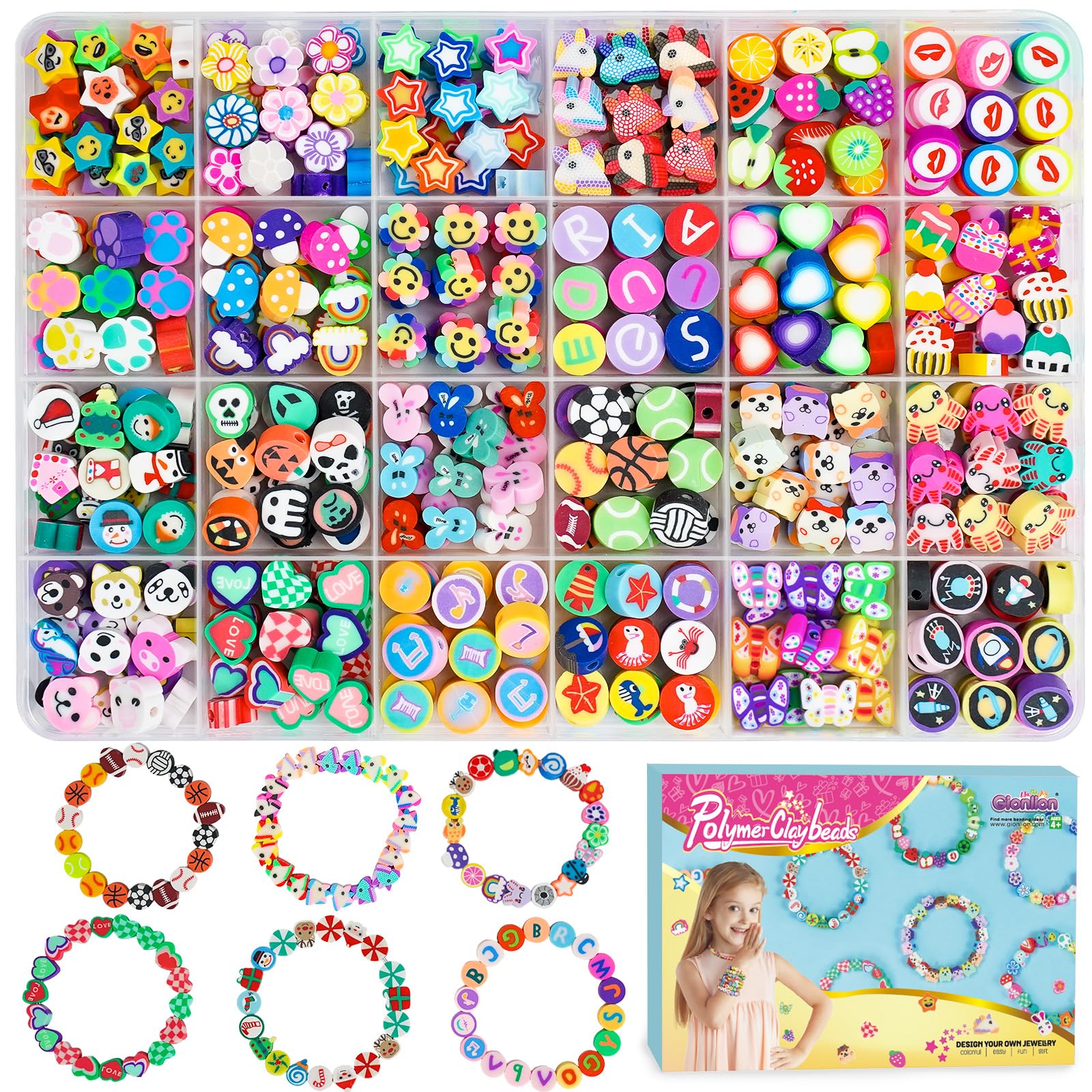 Gionlion 1200 Pcs Polymer Clay Beads Bracelet Making Kit, 25 Style Animal Fruit Flower Butterfly Bunny Pony Letter Beads Charms for Jewelry Making, DIY Art and Crafts Toys Gifts