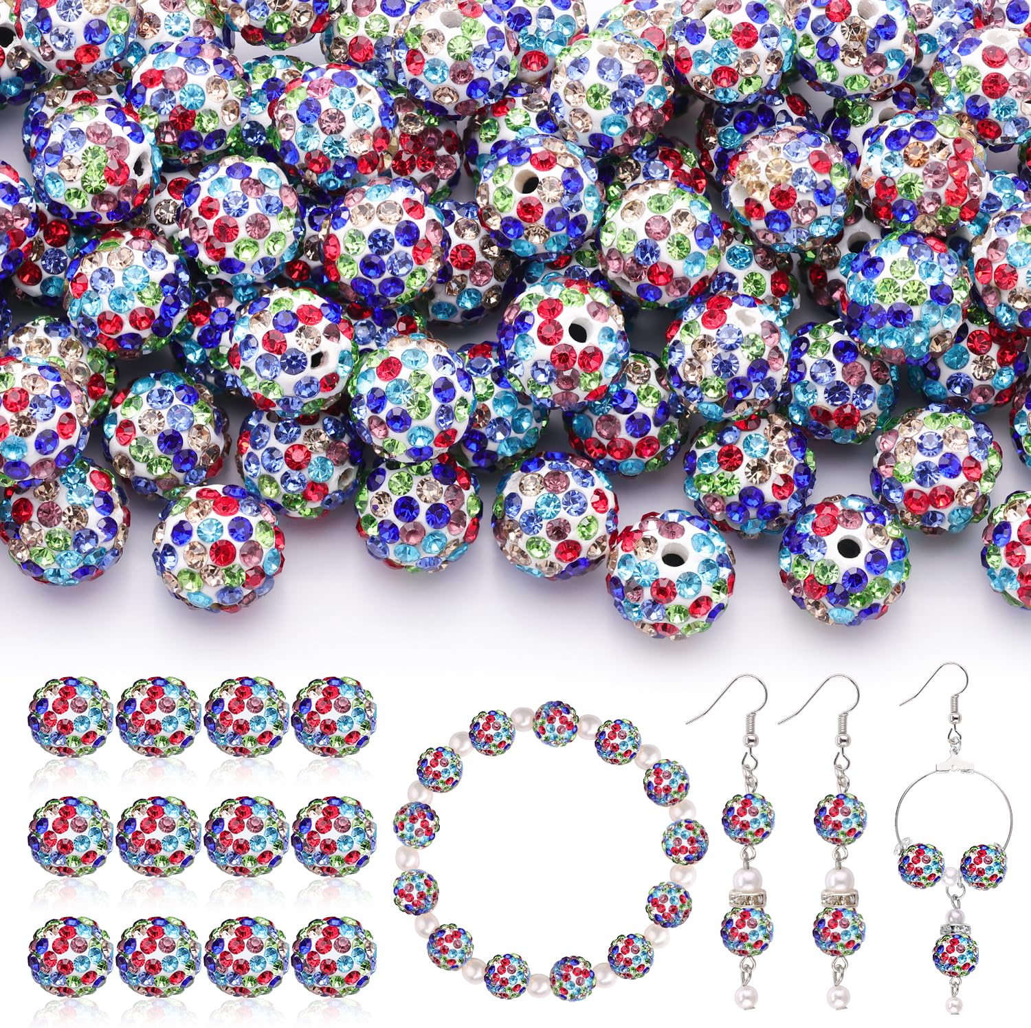 120 pcs 10mm Rhinestone Beads for Jewelry Making, 12 Mixed Colors Shiny Round Shamballa Disco Ball Beads, Sparkle Crystal Clay Christmas for Bracelet Baseball Necklace Earring and DIY