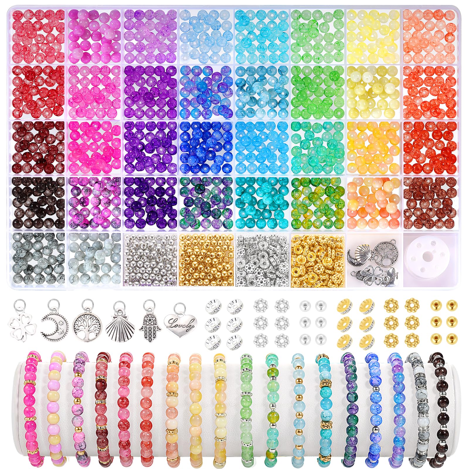 1368pcs 6mm Glass Beads for Bracelets, 34 Colors Crystal Beads for Jewelry Making, Funtopia Round Glass Beads for DIY Earrings Necklace Crafts with Spacer Beads and Charms, Solid and Gradient Colors
