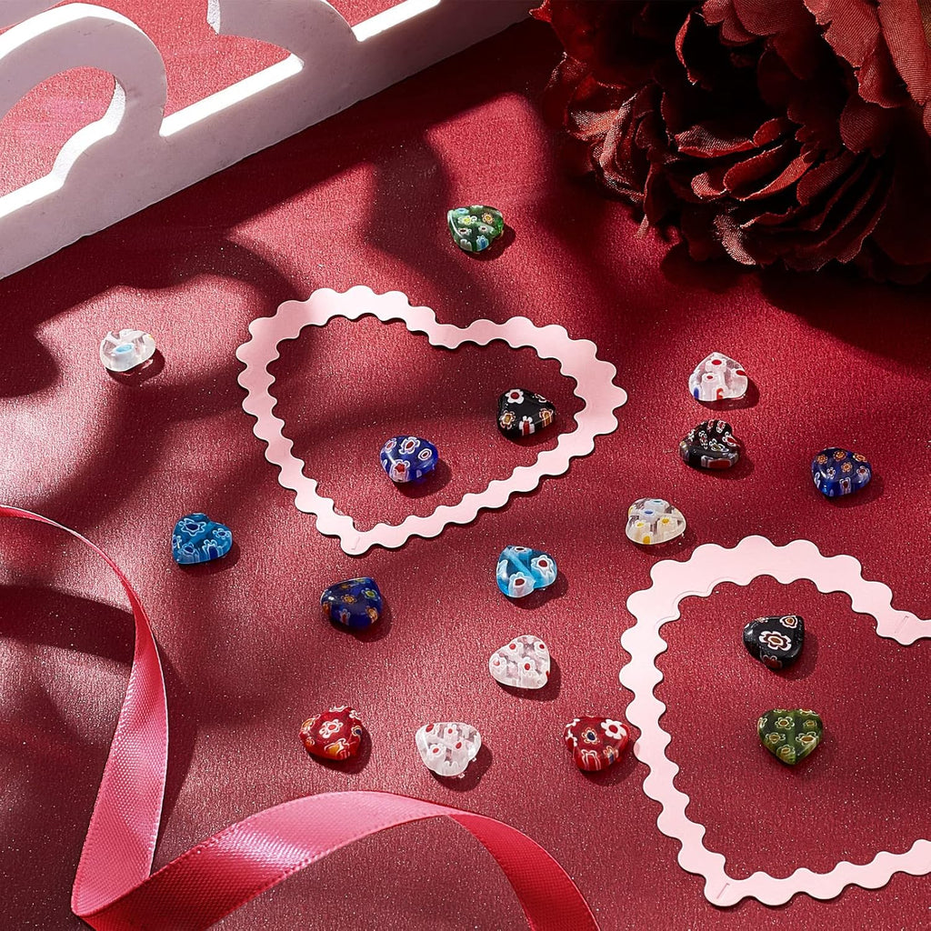 PH PandaHall 12mm Lampwork Flat Heart Glass Beads, 80 Pcs 8 Colors Millefiori Spacer Beads Love Heart Bead Charms for DIY Jewelry Bracelet Neclace Valentine's Mother's Day Birthday Gift