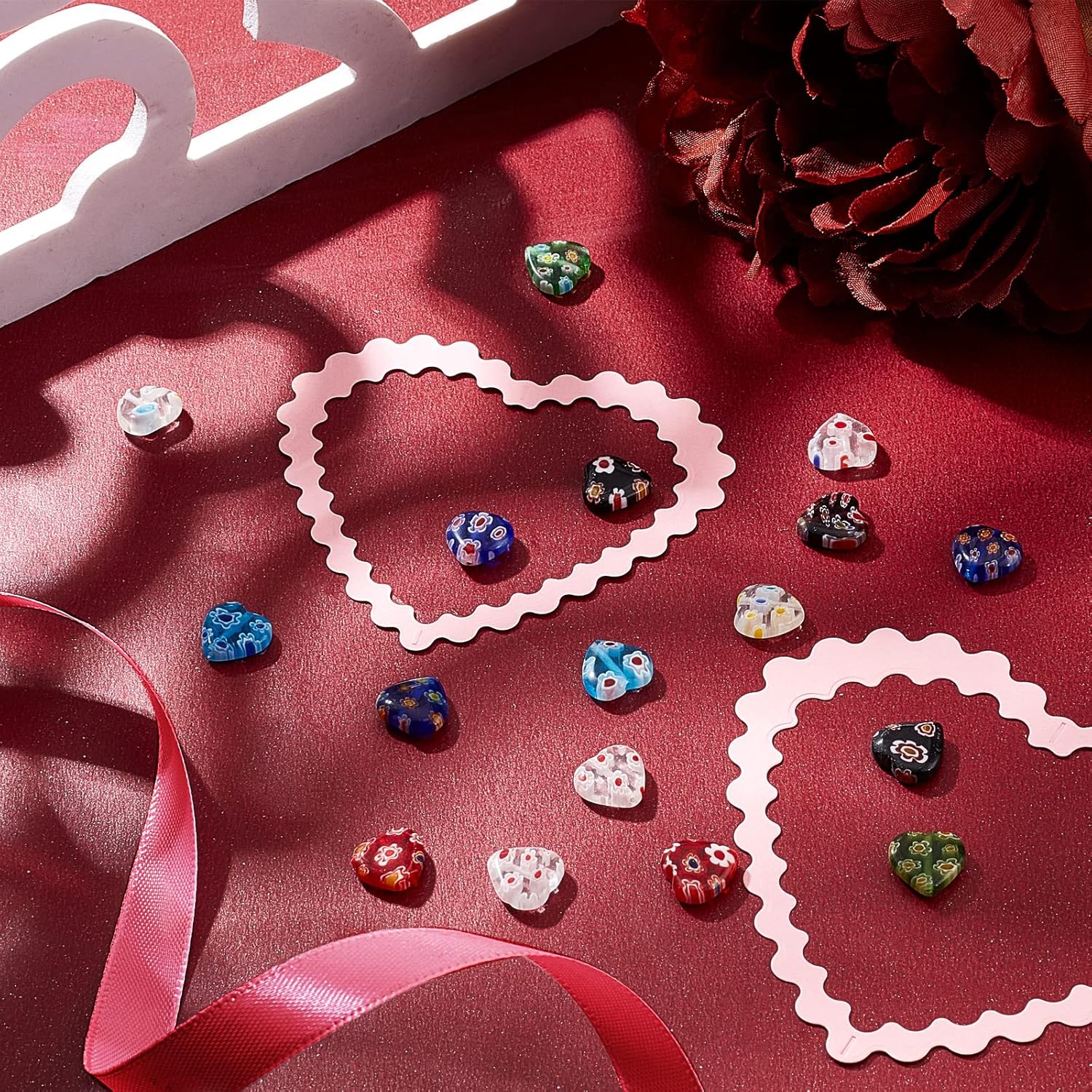 PH PandaHall 12mm Lampwork Flat Heart Glass Beads, 80 Pcs 8 Colors Millefiori Spacer Beads Love Heart Bead Charms for DIY Jewelry Bracelet Neclace Valentine's Mother's Day Birthday Gift