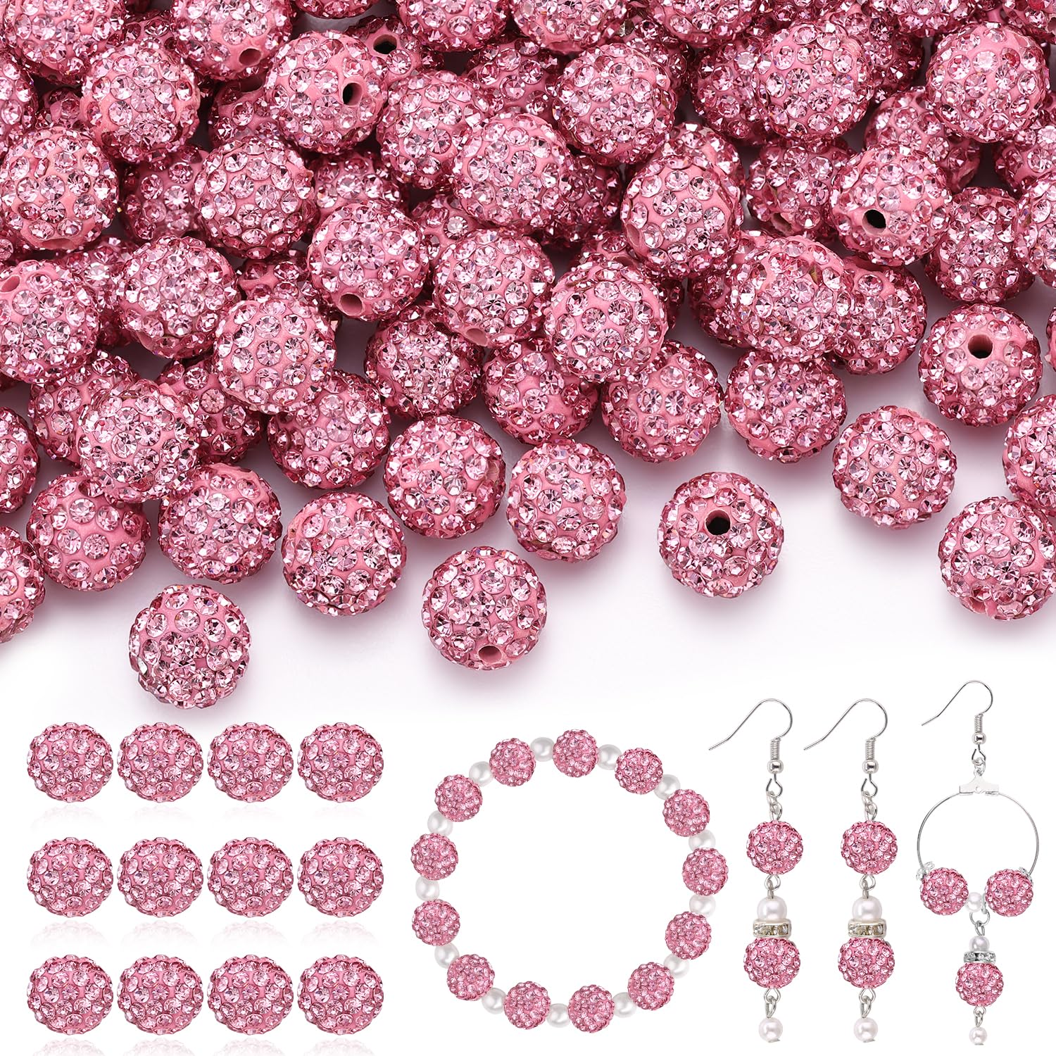 120 pcs 10mm Rhinestone Beads for Jewelry Making, 12 Mixed Colors Shiny Round Shamballa Disco Ball Beads, Sparkle Crystal Clay Christmas for Bracelet Baseball Necklace Earring and DIY