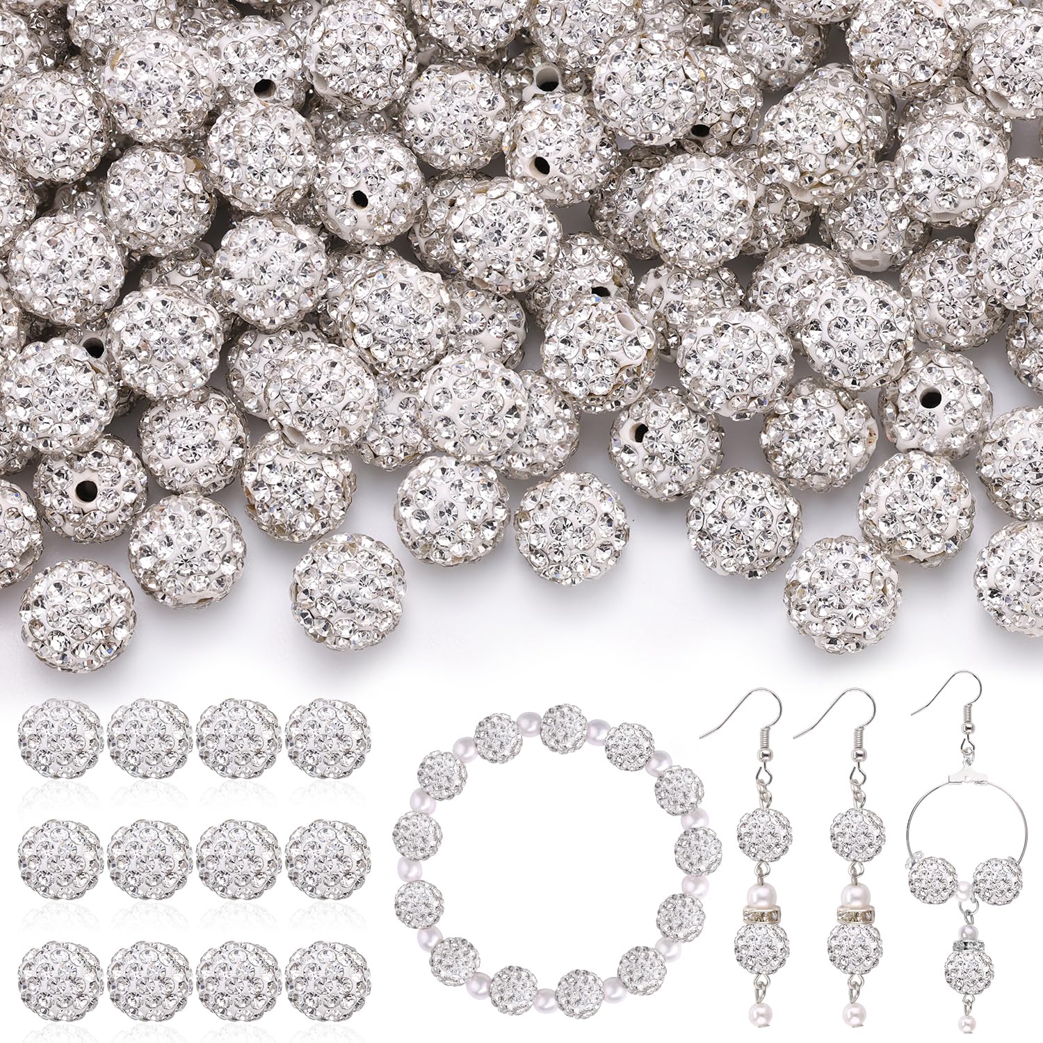 120 pcs 10mm Rhinestone Beads for Jewelry Making, 12 Mixed Colors Shiny Round Shamballa Disco Ball Beads, Sparkle Crystal Clay Christmas for Bracelet Baseball Necklace Earring and DIY