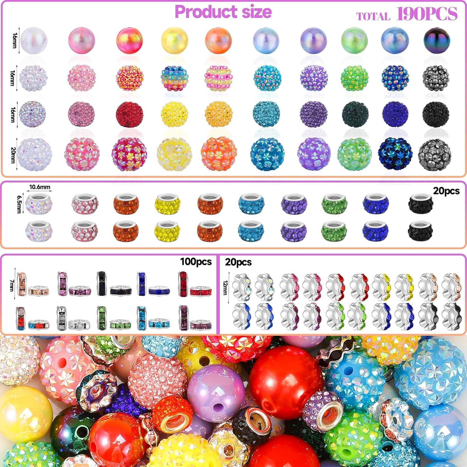 HUISUYTON 190 Pcs Beads for Pens Making, Included Rondelle Spacer Bead and 16/20mm Bubblegum Beads for Pen, Acrylic Bead for Jewelry Making, Bracelets, Beadable Pens