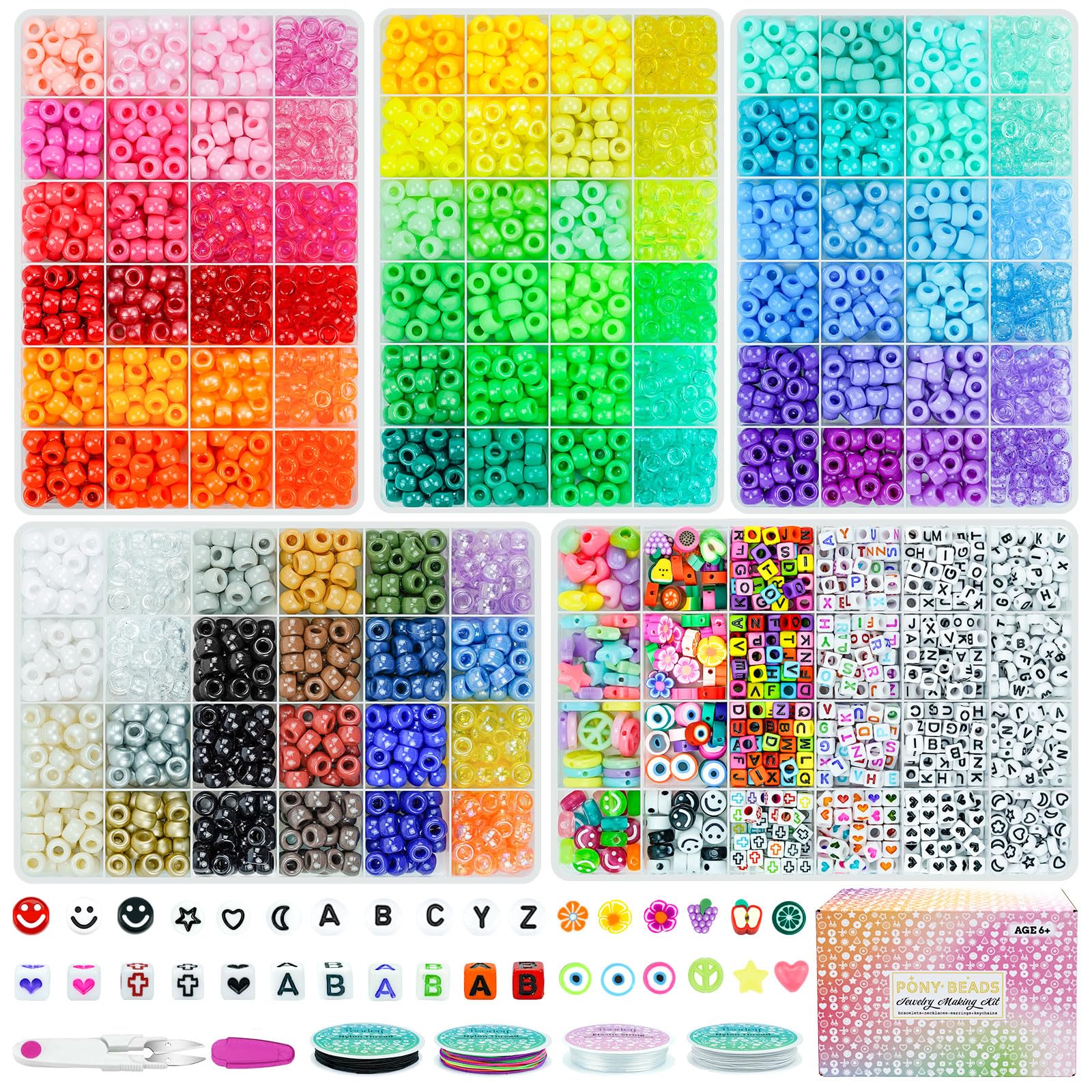 5 Boxes Bracelet Making Kit Pony Beads, 96 Colors 3500Pcs Kandi Beads for Bracelets with 800Pcs Letter Bead Friendship Bracelet Rave Accessories Craft Kits for Kids Adults Keychain Jewelry Making