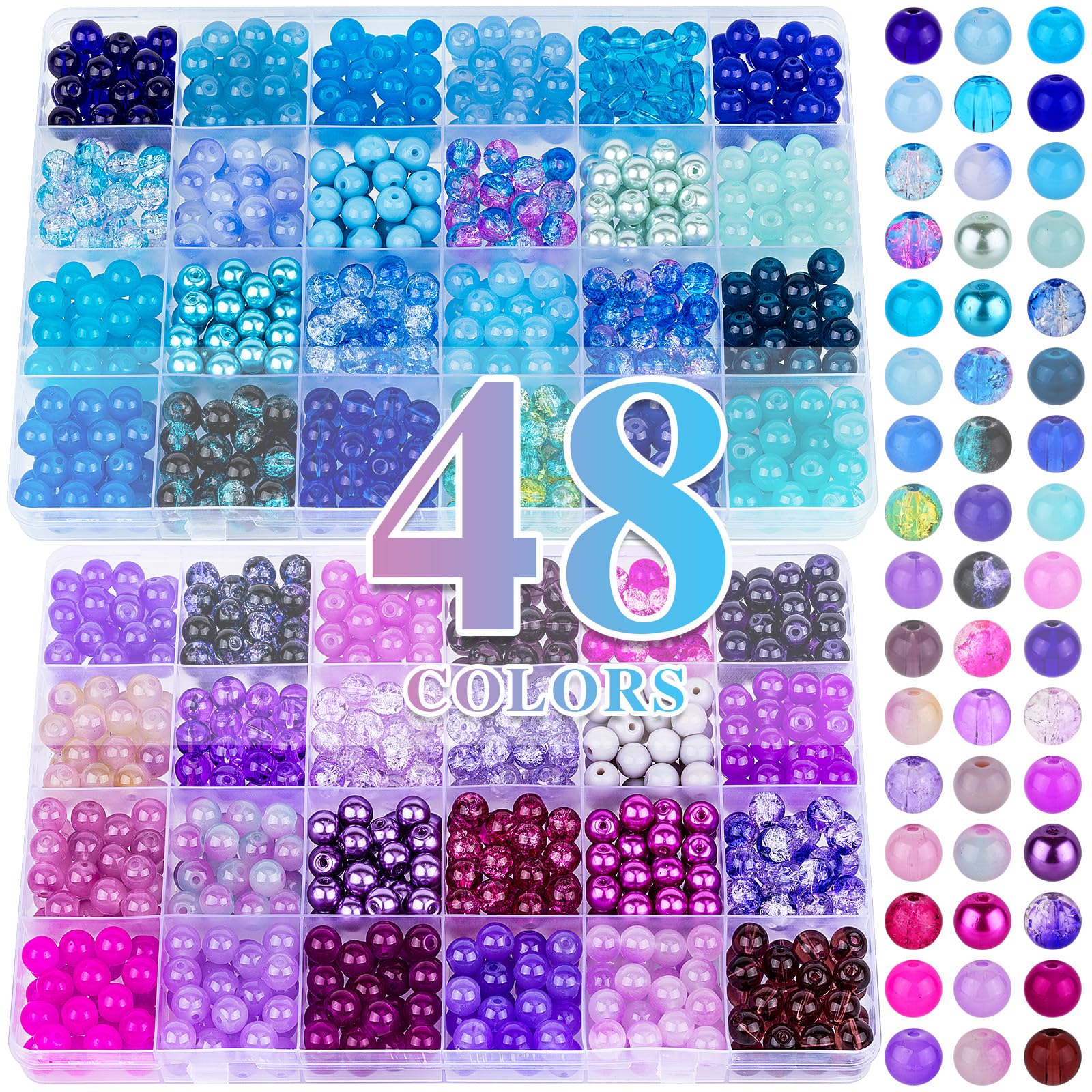 XSEINO 2400 PCS 8mm Glass Beads Bracelet Making Kit, 47 Colors Crystal Beads for Jewelry Making and DIY Crafts，4 Box Round Beads