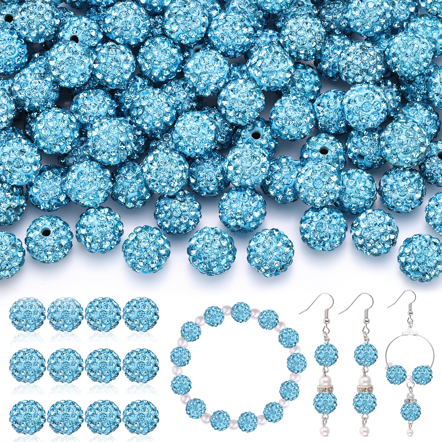 120 pcs 10mm Rhinestone Beads for Jewelry Making, 12 Mixed Colors Shiny Round Shamballa Disco Ball Beads, Sparkle Crystal Clay Christmas for Bracelet Baseball Necklace Earring and DIY