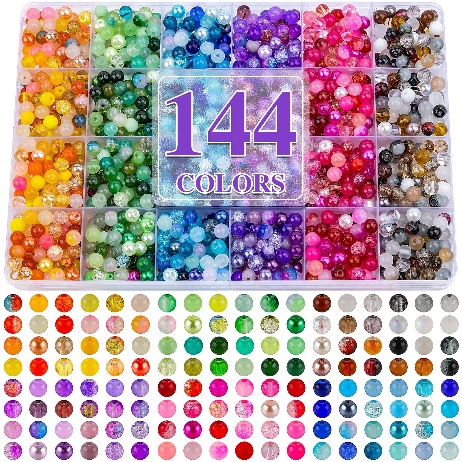 XSEINO About 7200PCS 6mm Glass Beads Bracelet Making Kit,144 Assorted Colors Crystal Glass Beads for Bracelet and Jewelry Making and DIY Crafts,Friendship Gifts,to Give to Friends, Family