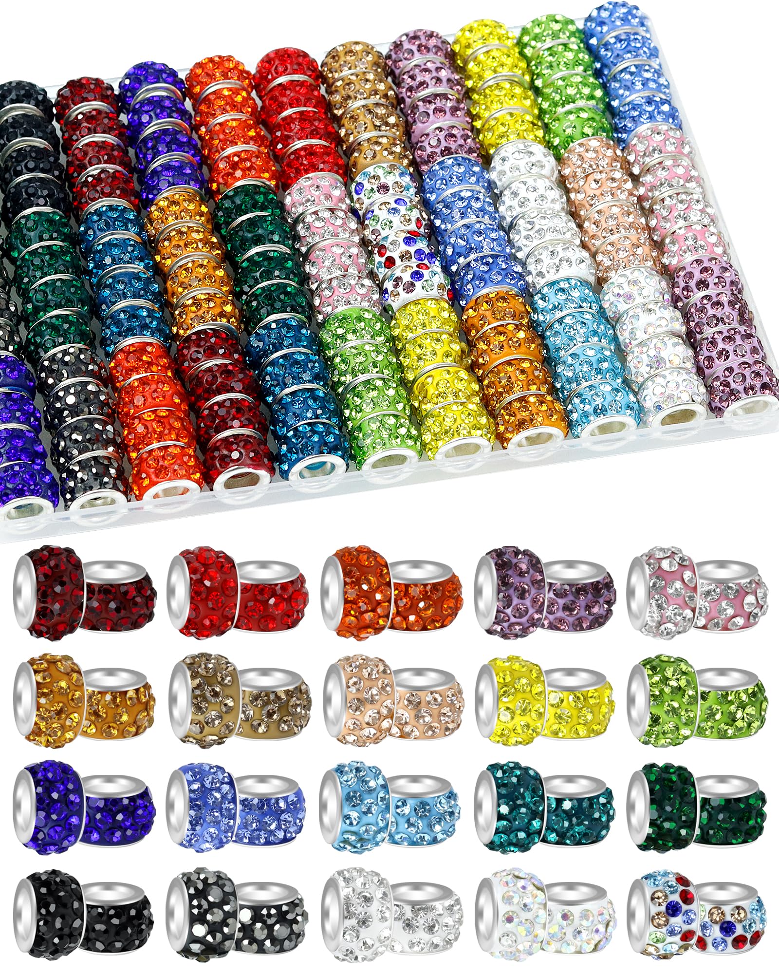 120PCS FIVEIZERO Rhinestone Large Hole Beads for Jewelry Making, 20 Colors Rhinestone European Bead Bulk Spacer Beads for Beadable Pens, DIY Crafts
