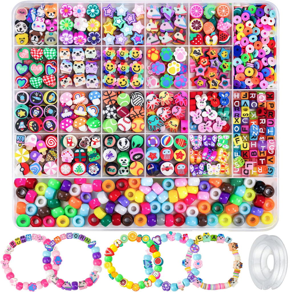 Gionlion 1200 Pcs Polymer Clay Beads Bracelet Making Kit, 25 Style Animal Fruit Flower Butterfly Bunny Pony Letter Beads Charms for Jewelry Making, DIY Art and Crafts Toys Gifts