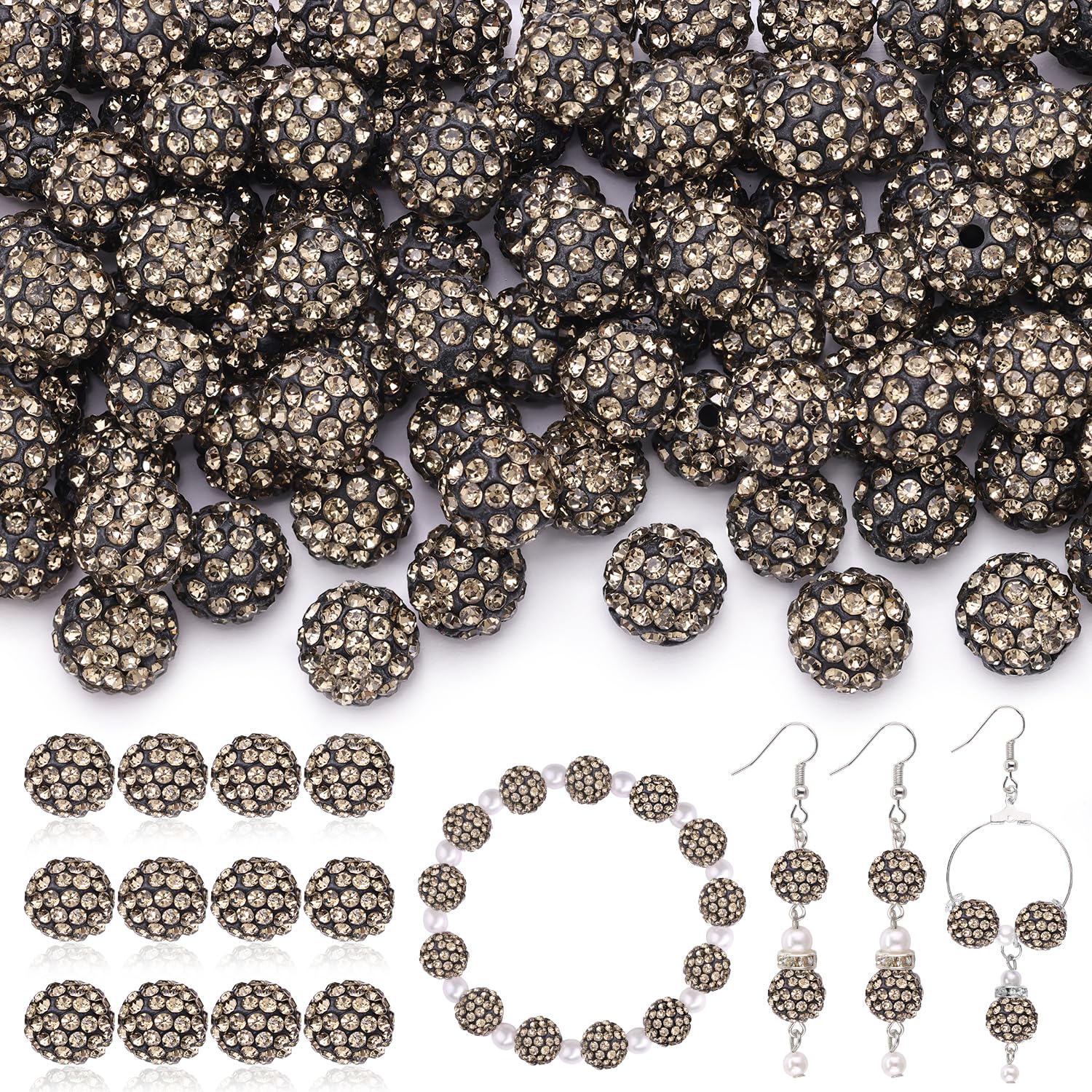 120 pcs 10mm Rhinestone Beads for Jewelry Making, 12 Mixed Colors Shiny Round Shamballa Disco Ball Beads, Sparkle Crystal Clay Christmas for Bracelet Baseball Necklace Earring and DIY