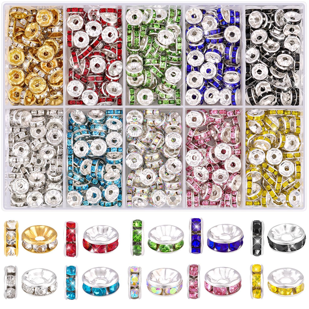 TINKRSTUFF 900 pcs 8mm Spacer Beads for Jewelry Making, 15 Colors Rondelle Bead Spacers Box, Fancy Sparkle Crystal Rhinestone Loose Beads for Bracelet Necklace Earring and Pens DIY Dec
