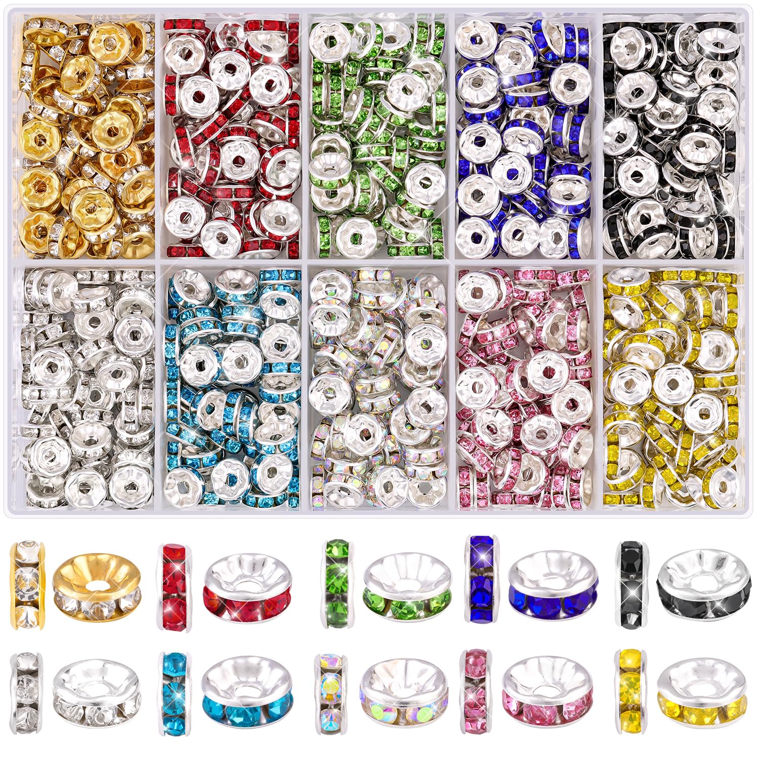 TINKRSTUFF 900 pcs 8mm Spacer Beads for Jewelry Making, 15 Colors Rondelle Bead Spacers Box, Fancy Sparkle Crystal Rhinestone Loose Beads for Bracelet Necklace Earring and Pens DIY Dec